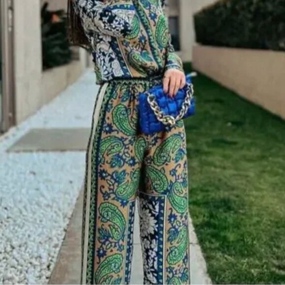 Zara Multicolor Green Blue Print Highwaisted Drawstring Pants Women’s Size M - Picture 15 of 15